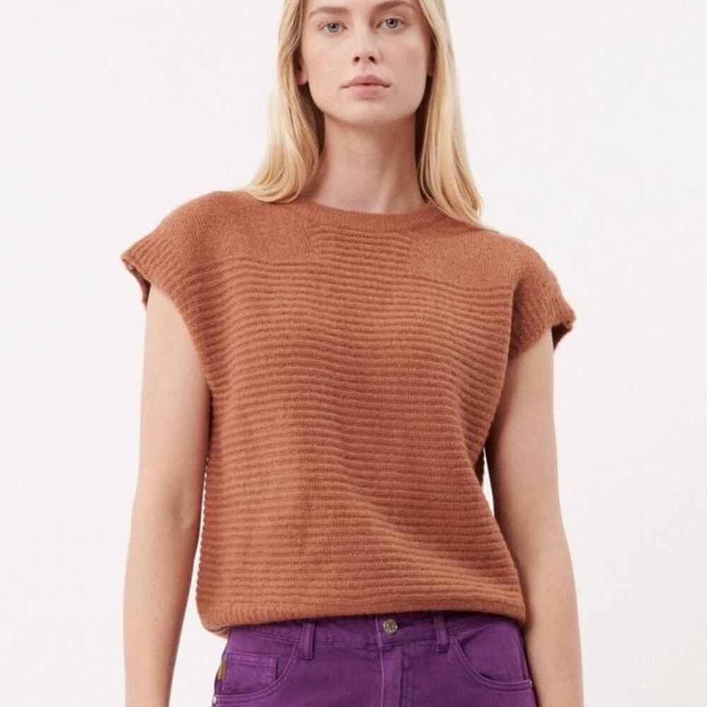 FRNCH Hailey Ice Brown Sweater Vest Scalloped Button Shoulder Size Small